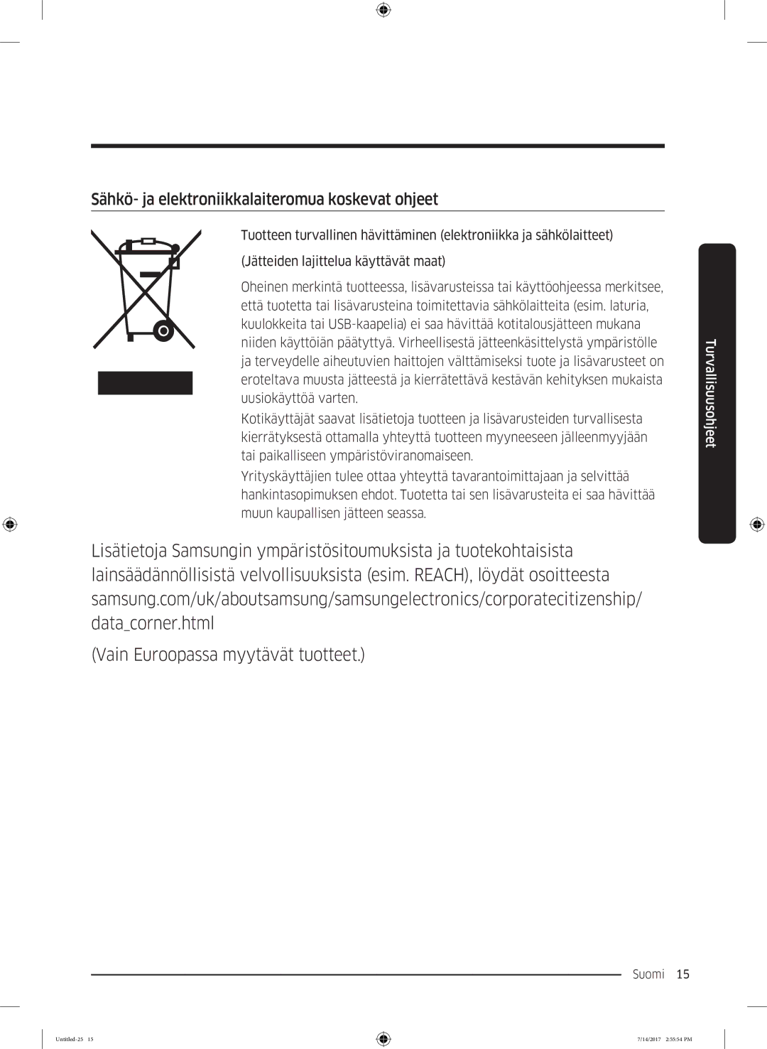 Samsung RH58K6697SL/EE manual Sähkö- ja elektroniikkalaiteromua koskevat ohjeet 