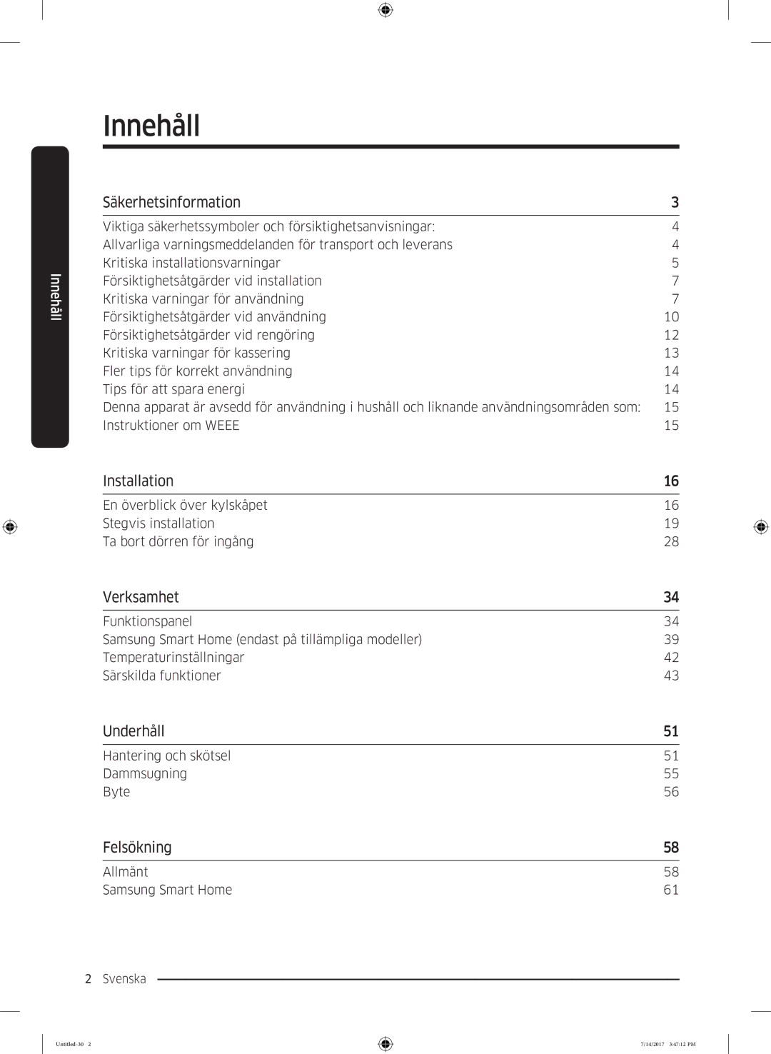 Samsung RH58K6697SL/EE manual Innehåll 