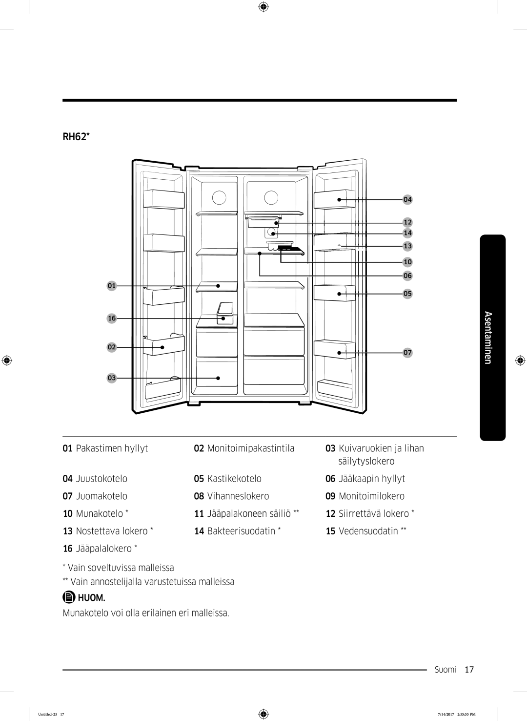 Samsung RH58K6697SL/EE manual Munakotelo voi olla erilainen eri malleissa 