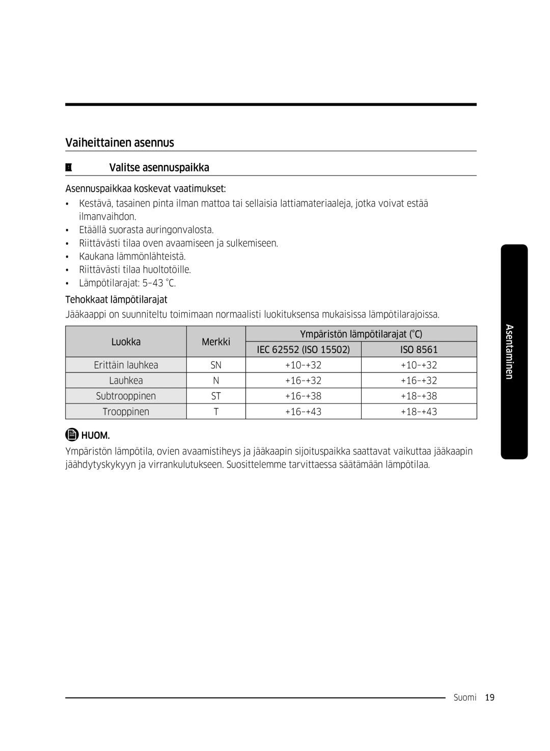 Samsung RH58K6697SL/EE manual Vaiheittainen asennus, Vaihe 1 Valitse asennuspaikka 