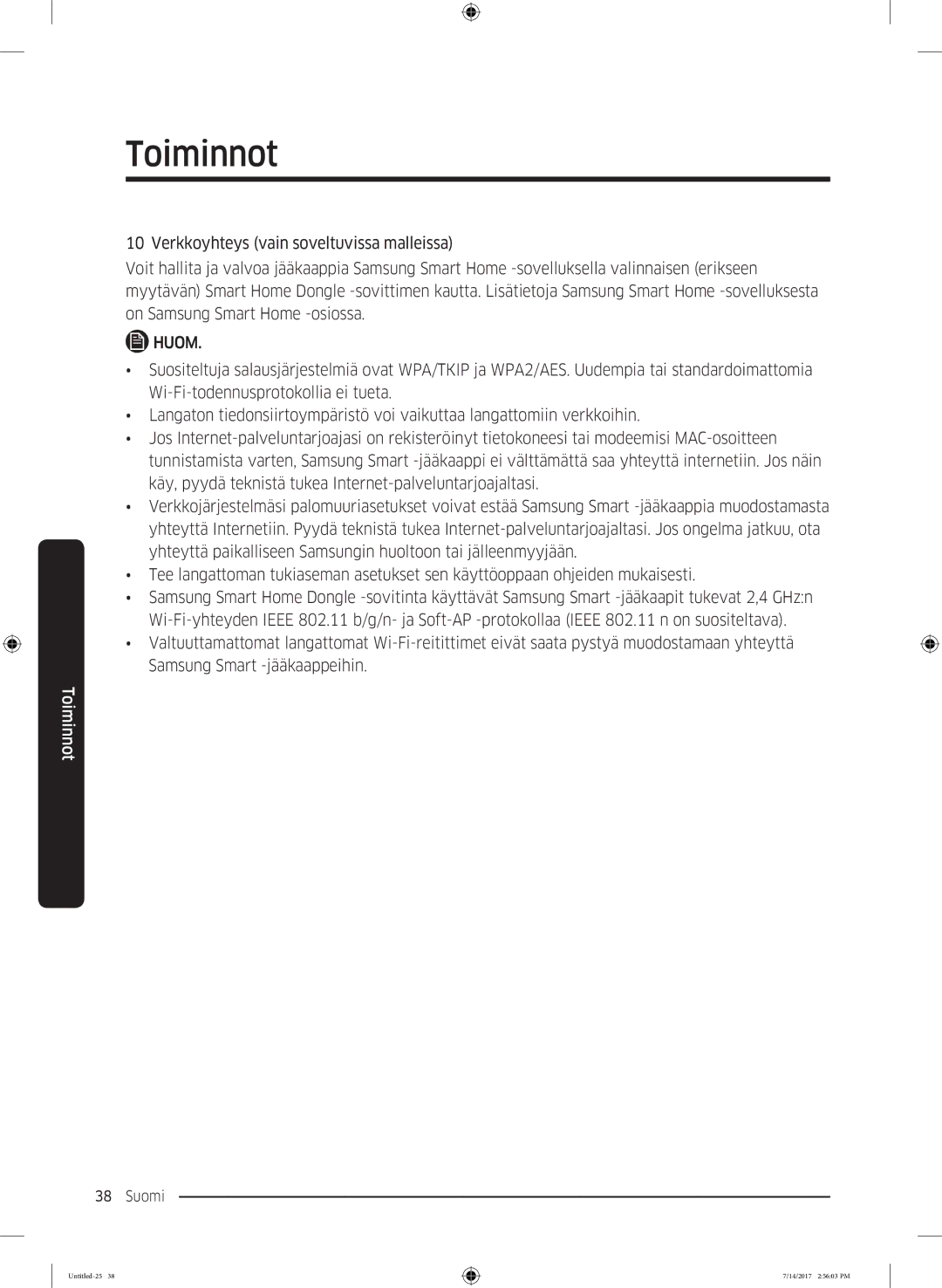 Samsung RH58K6697SL/EE manual Toiminnot 