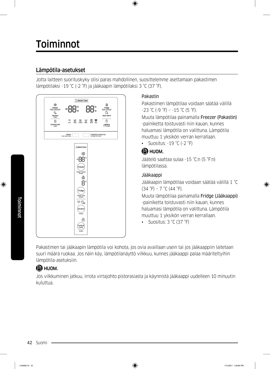 Samsung RH58K6697SL/EE manual Lämpötila-asetukset 