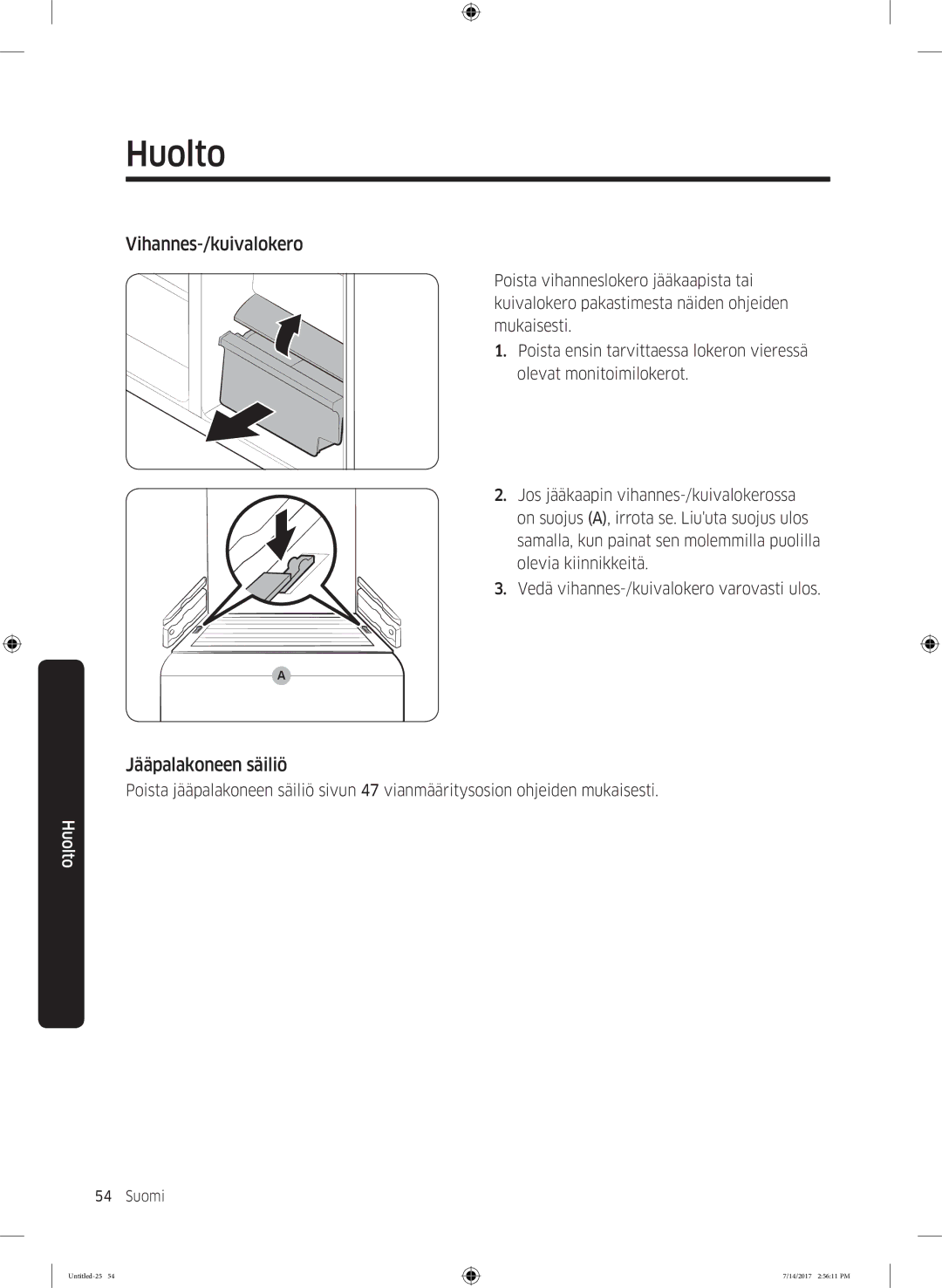 Samsung RH58K6697SL/EE manual Vihannes-/kuivalokero, Jääpalakoneen säiliö 