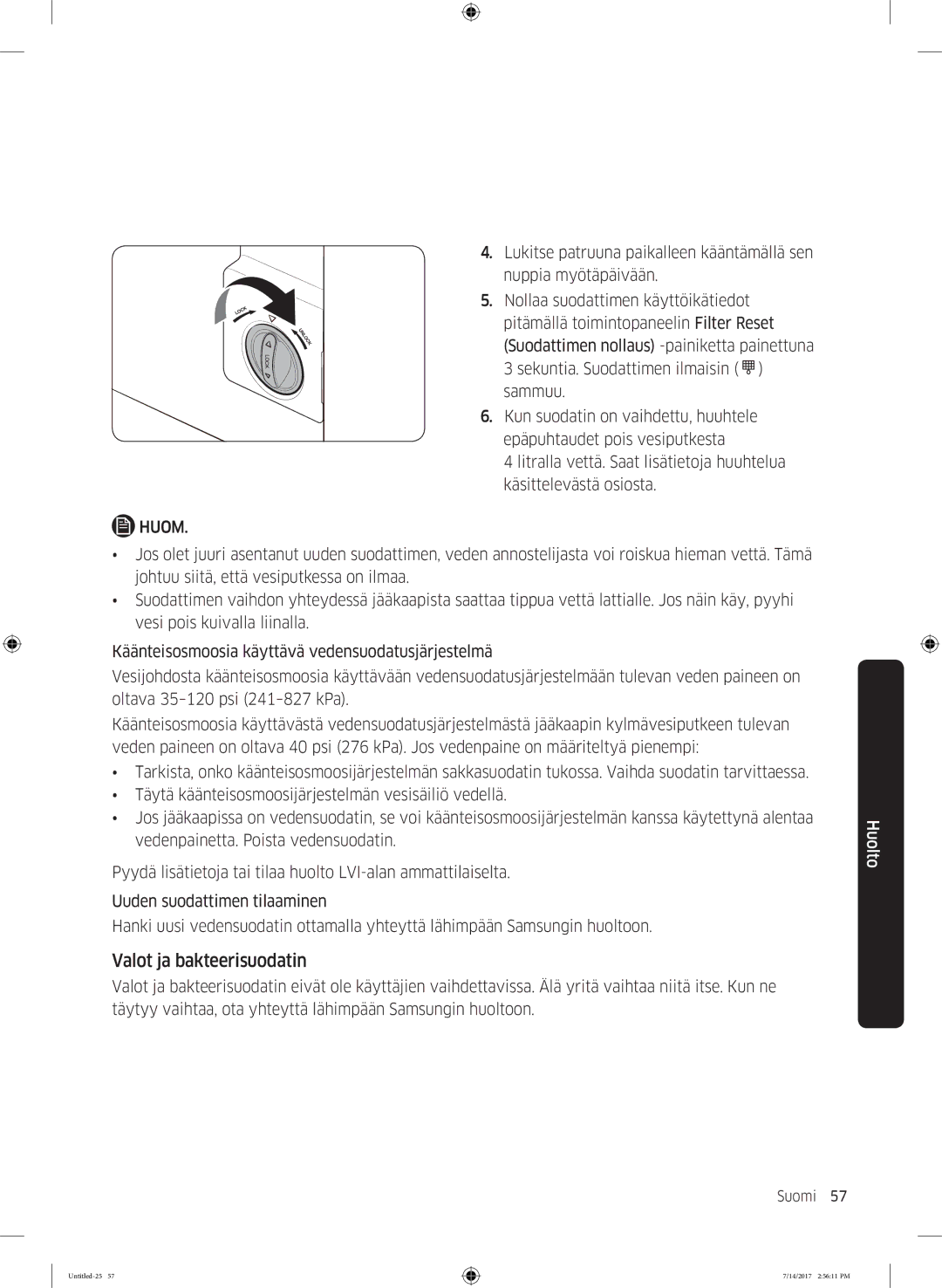 Samsung RH58K6697SL/EE manual Valot ja bakteerisuodatin 