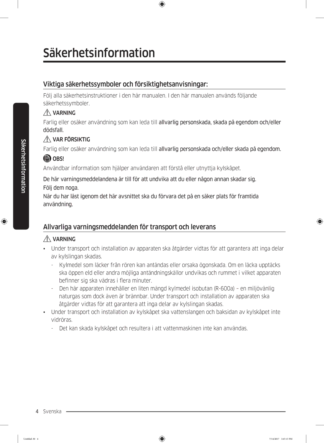 Samsung RH58K6697SL/EE manual Viktiga säkerhetssymboler och försiktighetsanvisningar 