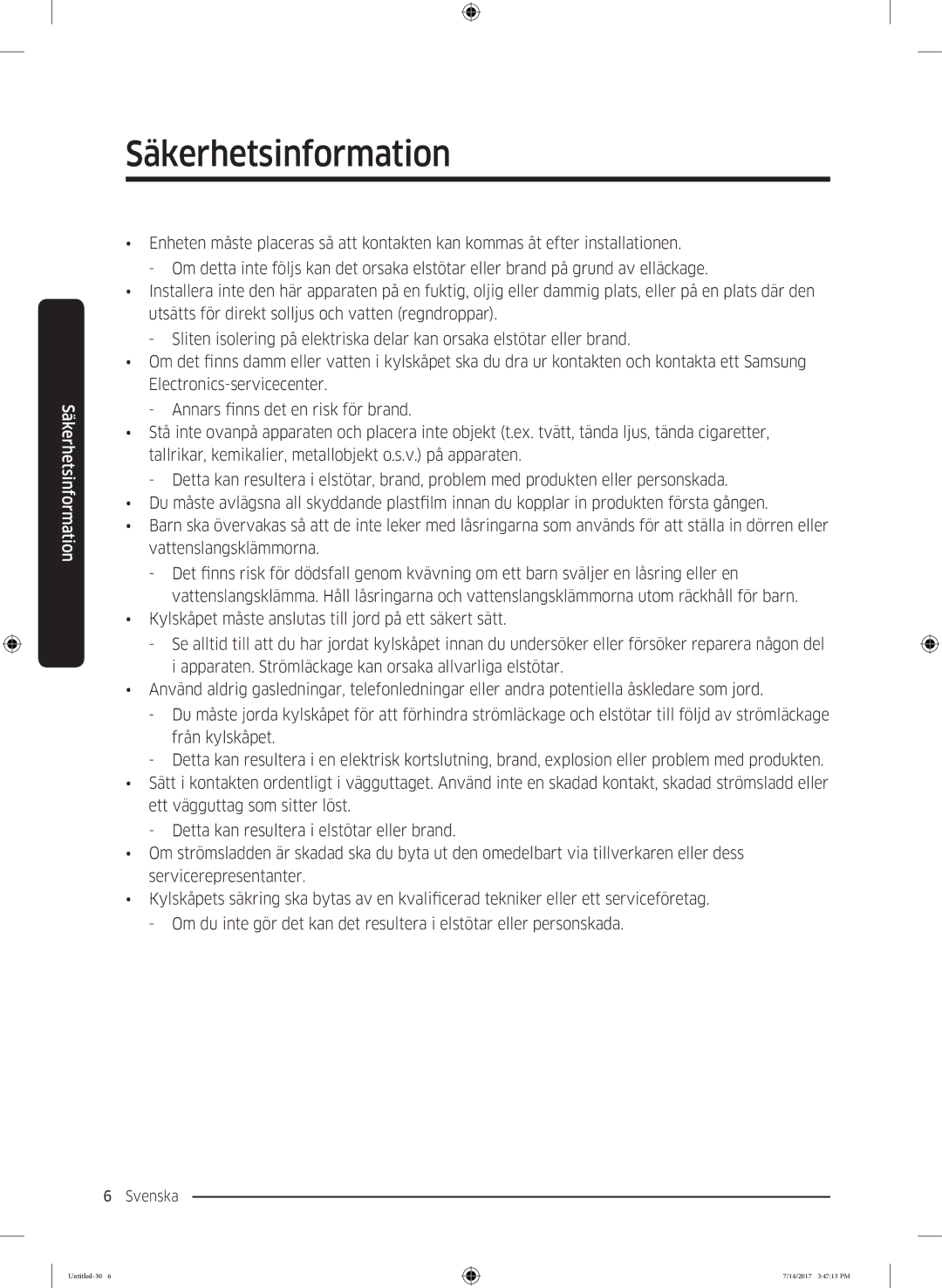 Samsung RH58K6697SL/EE manual Säkerhetsinformation 