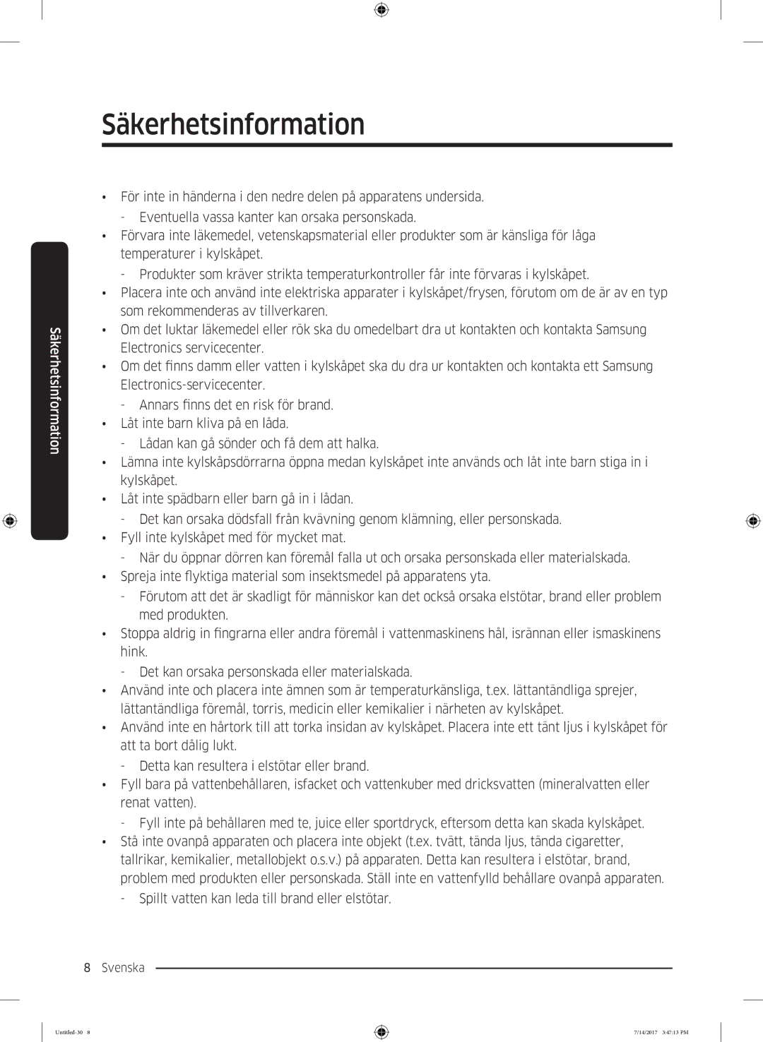 Samsung RH58K6697SL/EE manual Säkerhetsinformation 