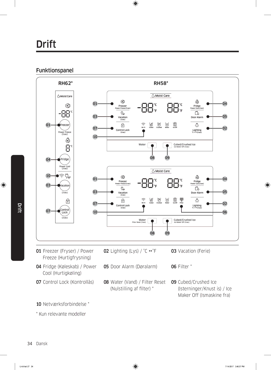 Samsung RH58K6697SL/EE manual Drift, Funktionspanel 