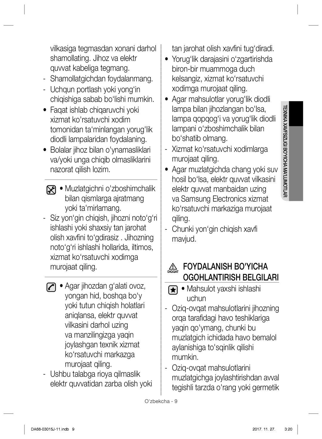 Samsung RH60H90207F/WT, RH60H90203L/WT Xizmat korsatuvchi xodimlarga murojaat qiling, Chunki yon‘gin chiqish xavfi mavjud 