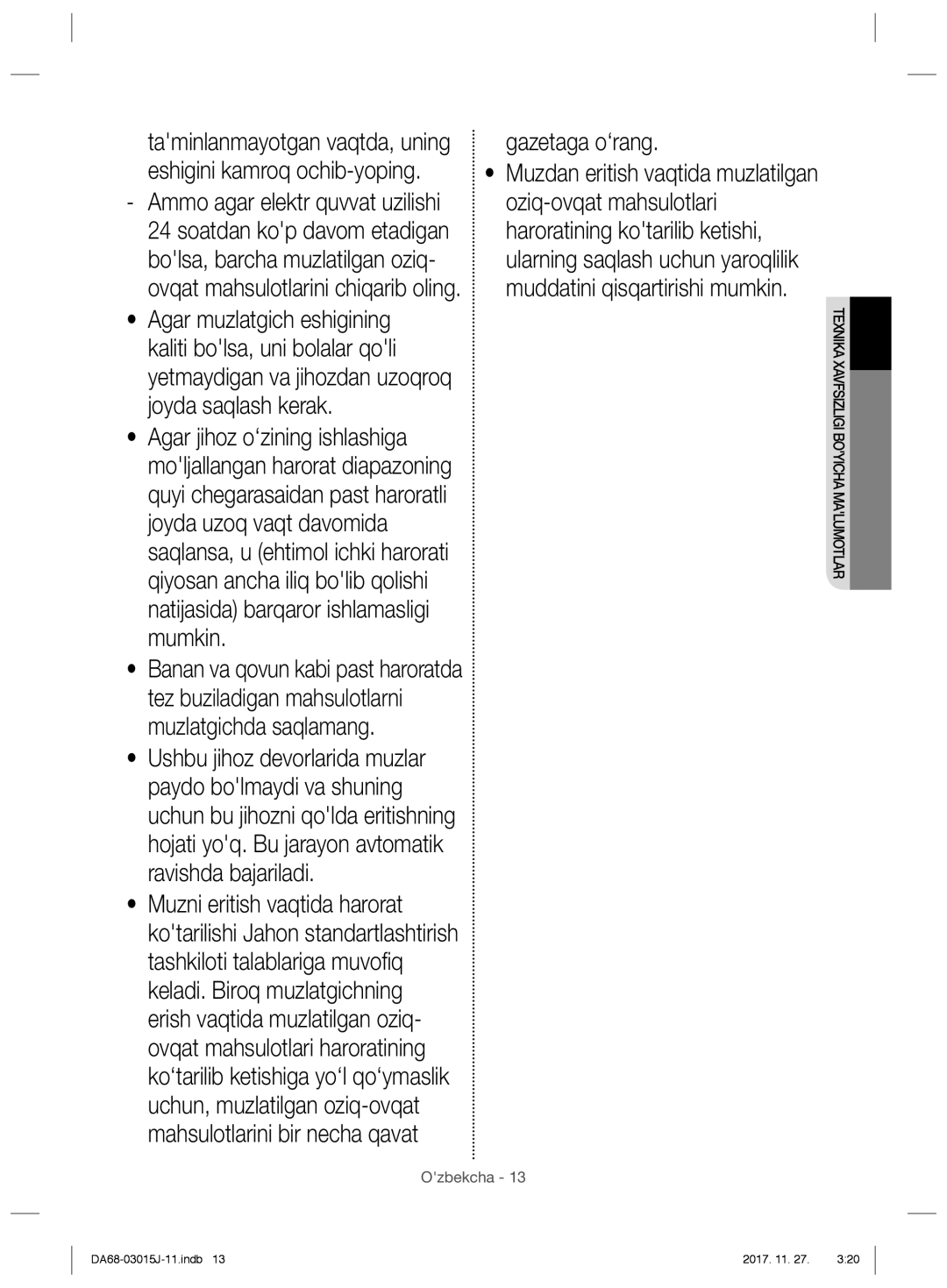 Samsung RH60H90207F/WT, RH60H90203L/WT manual Gazetaga o‘rang, Taminlanmayotgan vaqtda, uning eshigini kamroq ochib-yoping 