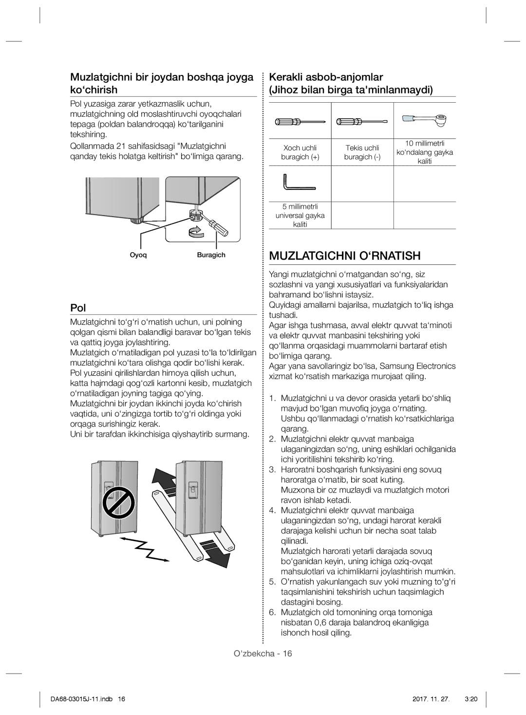 Samsung RH60H90203L/WT, RH60H90207F/WT manual Muzlatgichni O‘RNATISH, Pol 