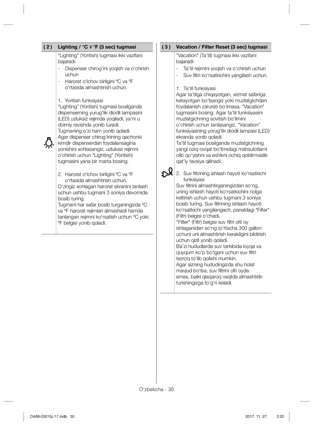 Samsung RH60H90203L/WT, RH60H90207F/WT manual Suv filtrini almashtirganingizdan so‘ng 