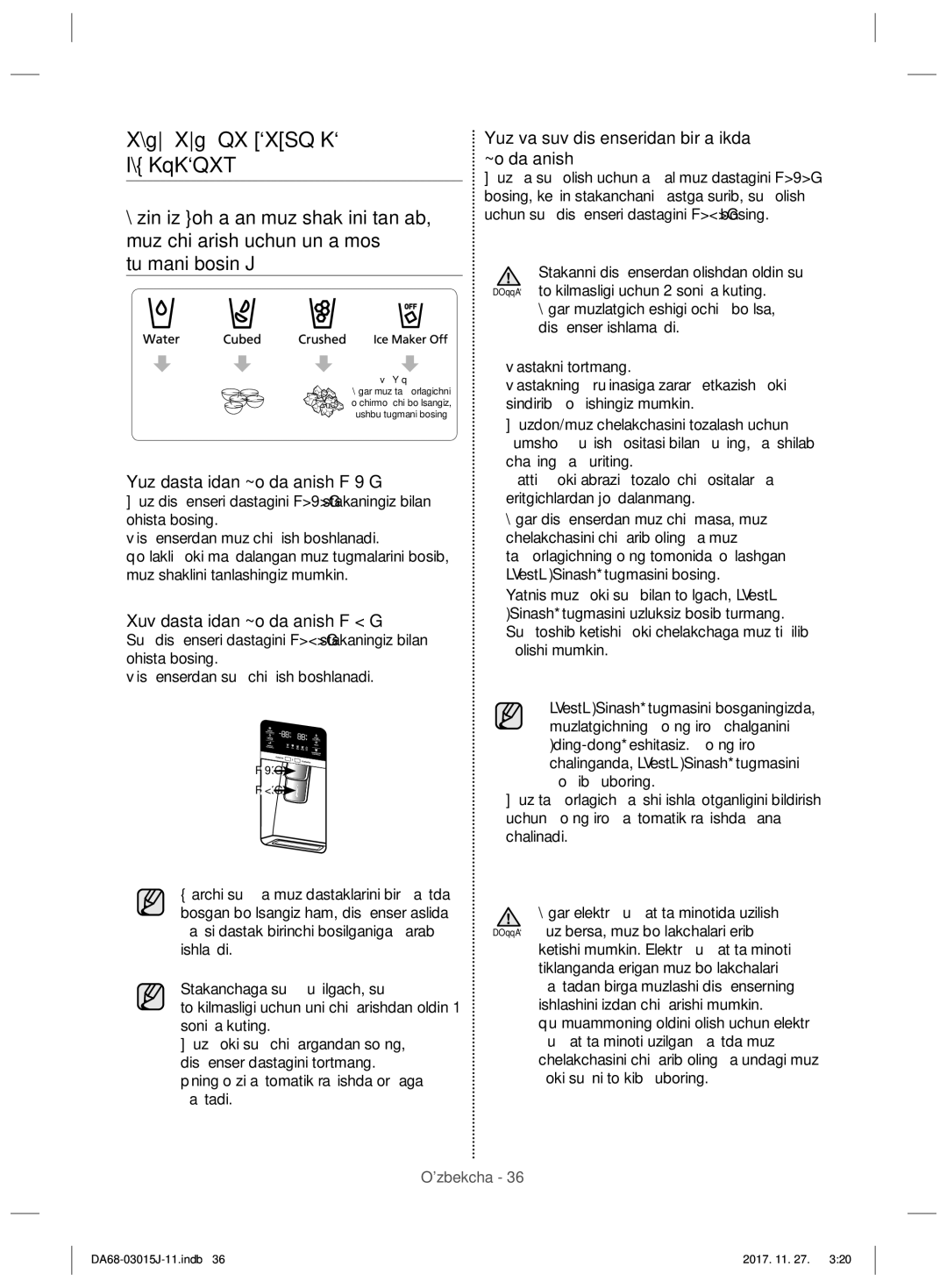 Samsung RH60H90203L/WT manual Sovuq SUV Dispenseridan Foydalanish, Muz dastagidan foydalanish, Suv dastagidan foydalanish 