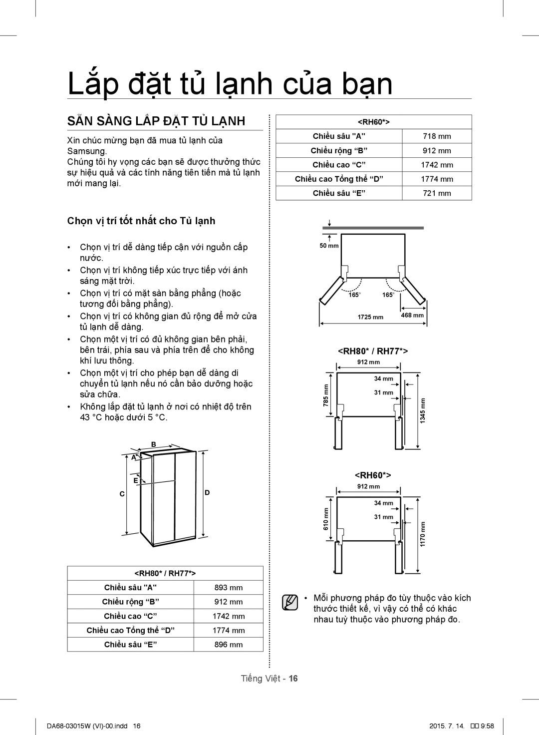 Samsung RH60J8132SL/SV manual SẴN Sàng LẮP ĐẶT TỦ Lạnh, Chọn vị trí tốt nhất cho Tủ lạnh 