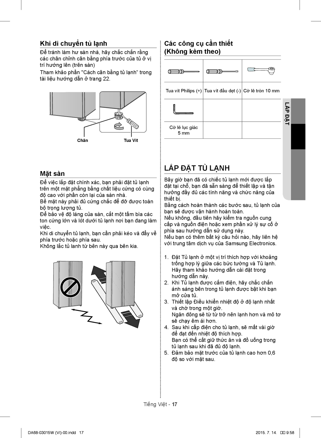 Samsung RH60J8132SL/SV manual LẮP ĐẶT TỦ Lạnh, Không kèm theo 