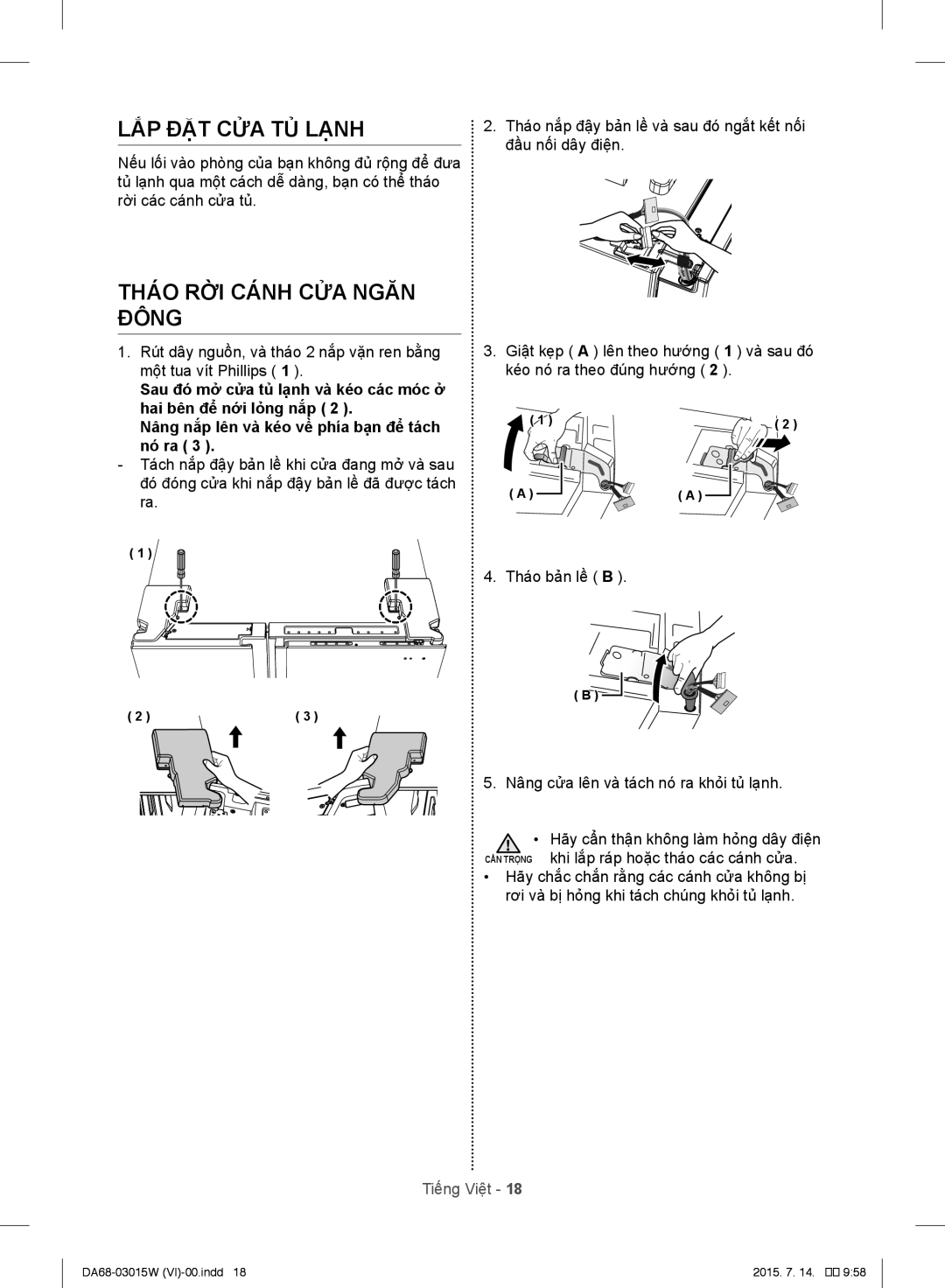 Samsung RH60J8132SL/SV manual LẮP ĐẶT CỬA TỦ Lạnh, Tháo RỜ̀I Cánh CỬA Ngăn Đông 