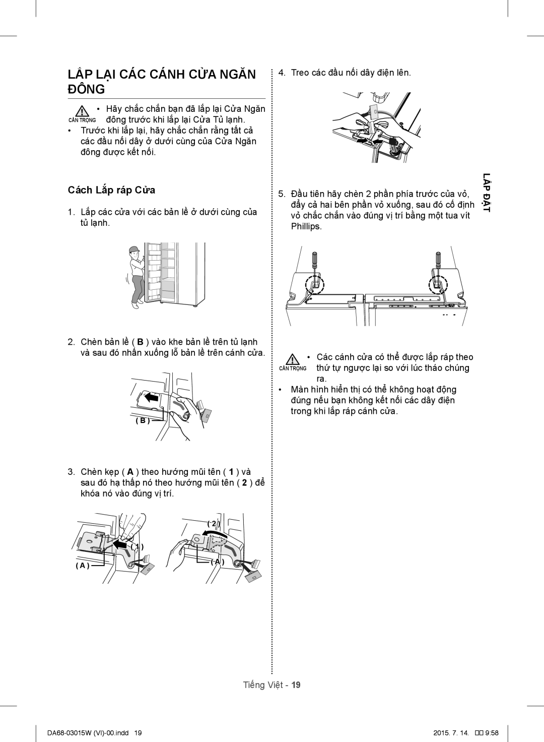 Samsung RH60J8132SL/SV manual LẮP LẠI CÁC Cánh CỬA Ngăn Đông, Cách Lắp ráp Cửa 