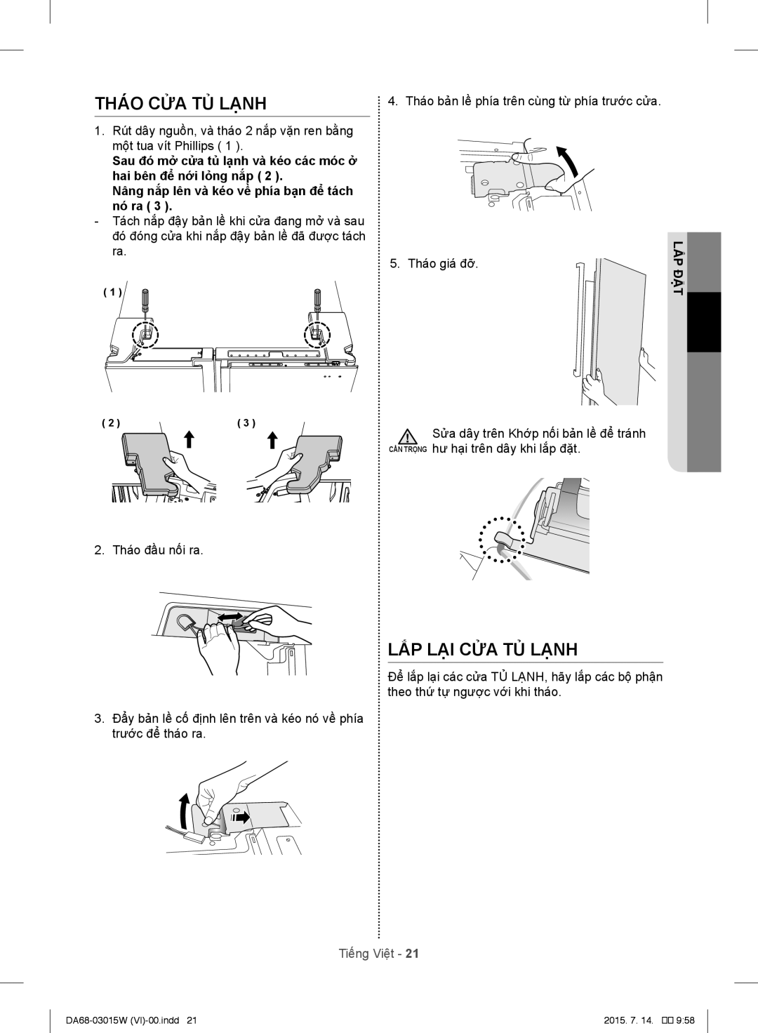 Samsung RH60J8132SL/SV manual Tháo CỬA TỦ Lạnh, LẮP LẠI CỬA TỦ Lạnh 