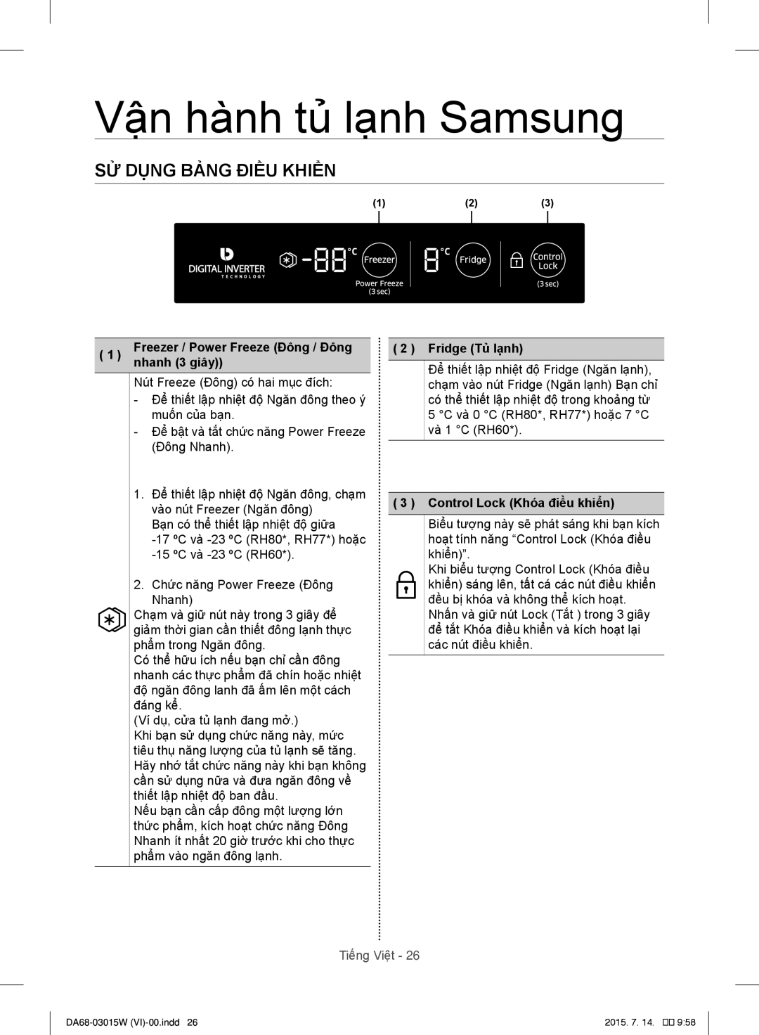 Samsung RH60J8132SL/SV manual Vận hành tủ lạnh Samsung, SỬ Dụng Bảng Điều Khiển 