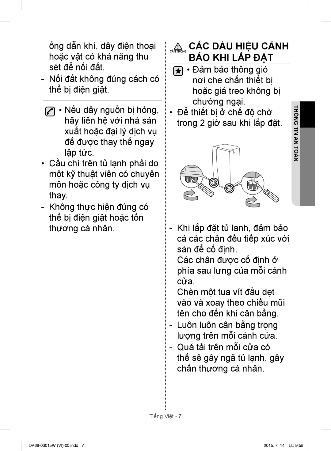 Samsung RH60J8132SL/SV manual CÁC DẤU Hiệu Cảnh CẨN Trọng BÁO KHI LẮP ĐẶT 