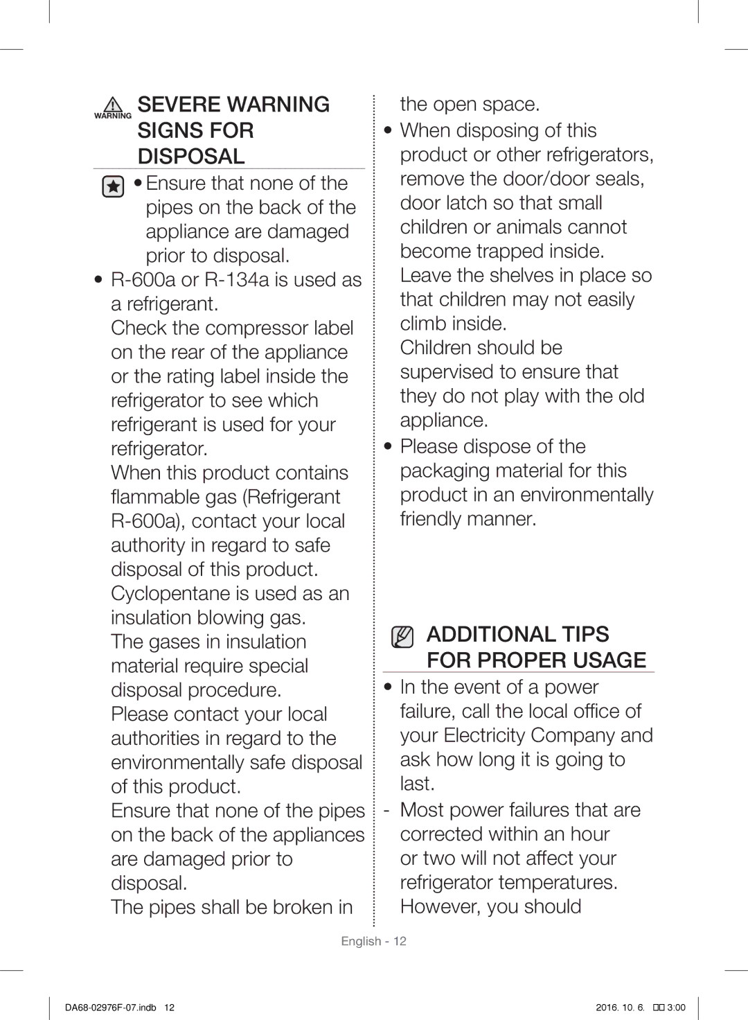 Samsung RH77H90507F/ML manual Severe Warning Warning Signs for Disposal 