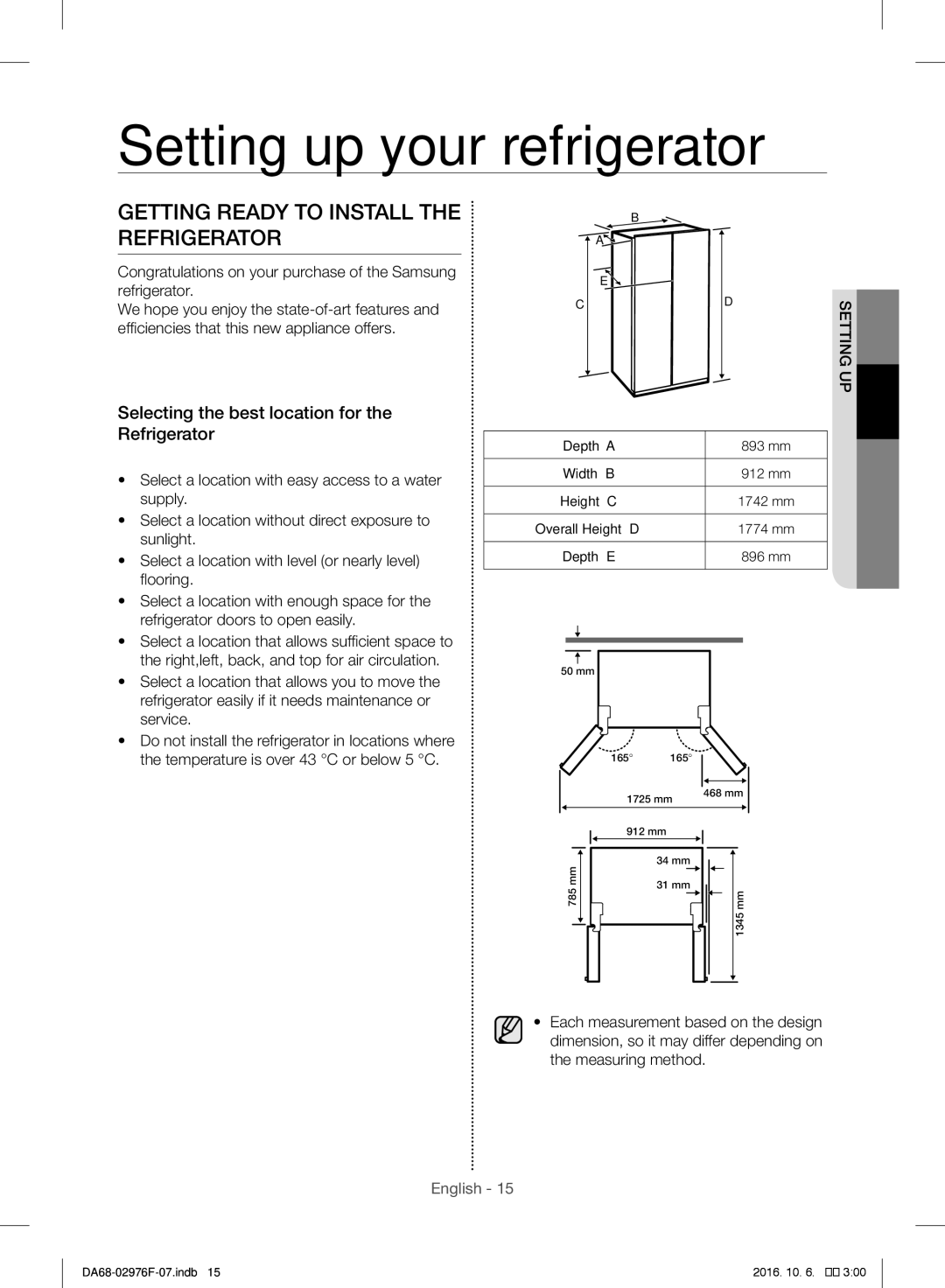 Samsung RH77H90507F/ML manual Setting up your refrigerator, Getting Ready to Install the Refrigerator, Up setting 