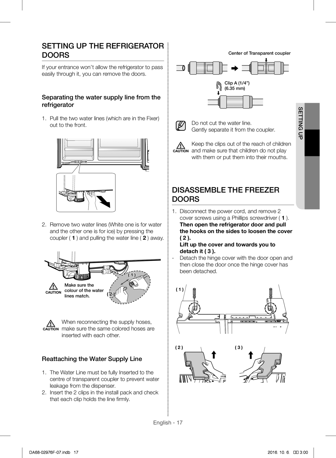 Samsung RH77H90507F/ML Setting UP the Refrigerator Doors, Disassemble the Freezer Doors, Reattaching the Water Supply Line 