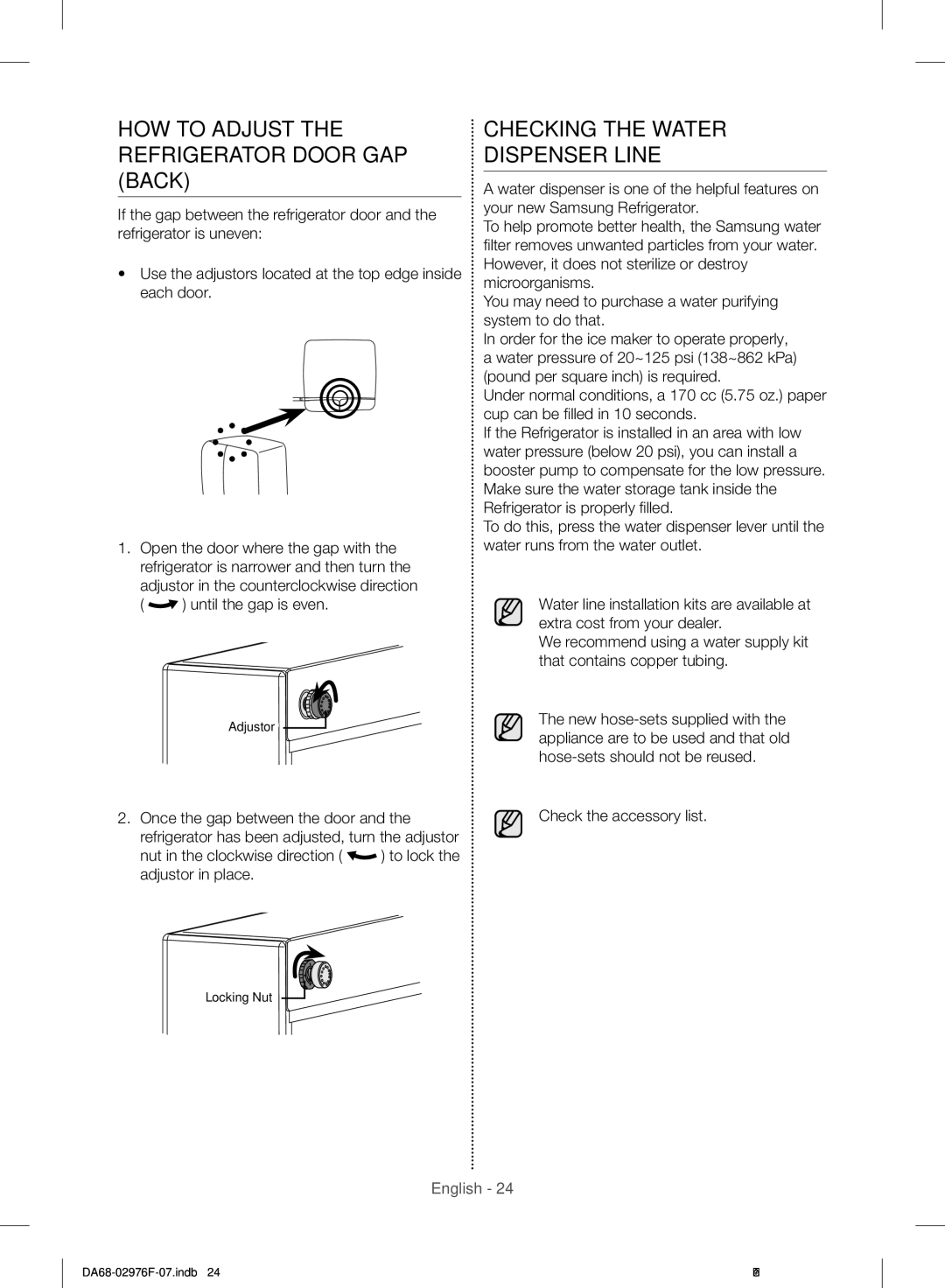 Samsung RH77H90507F/ML manual HOW to Adjust the Refrigerator Door GAP Back, Checking the Water Dispenser Line 