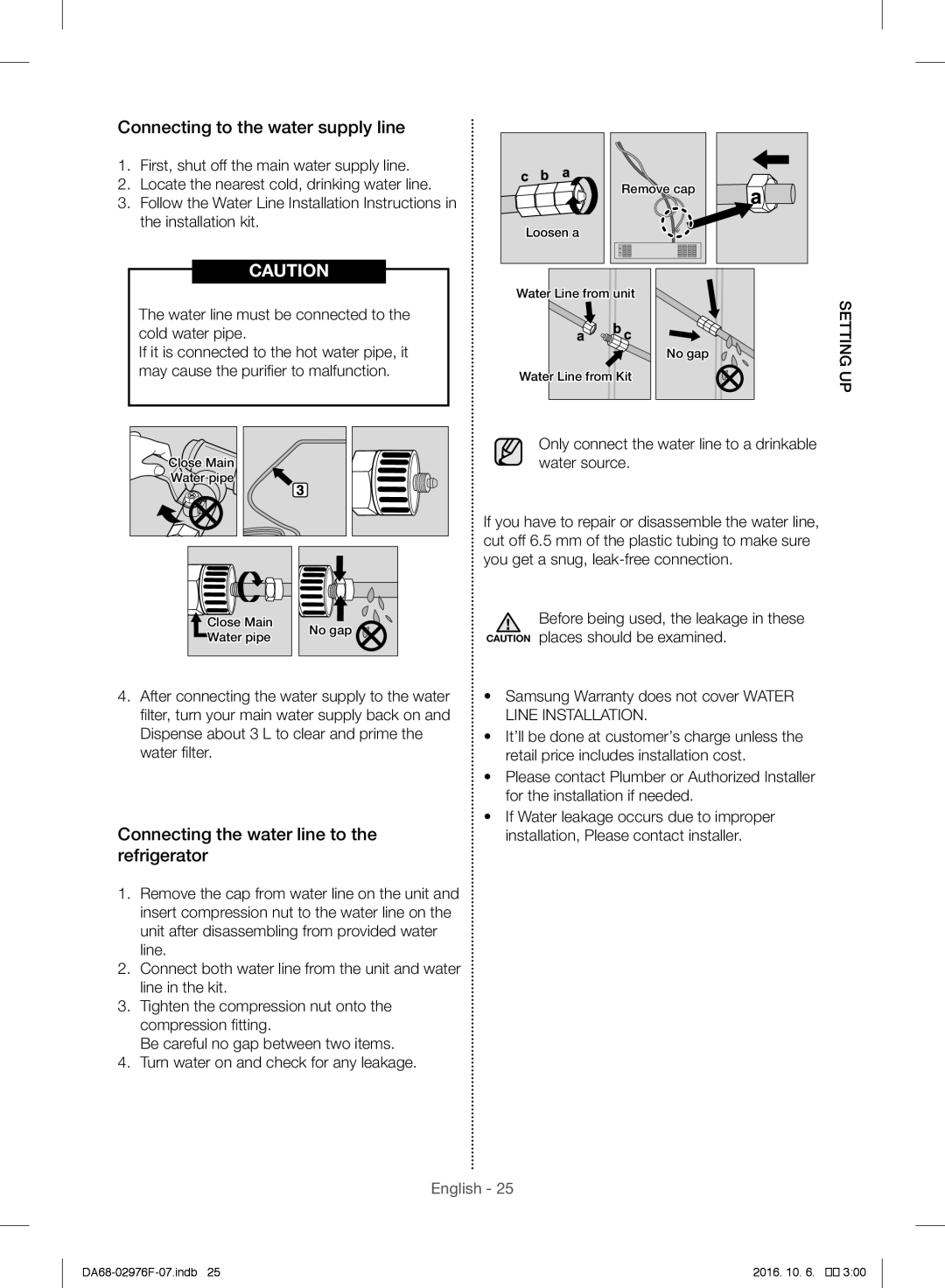 Samsung RH77H90507F/ML manual Connecting to the water supply line, Connecting the water line to the refrigerator, Setting 