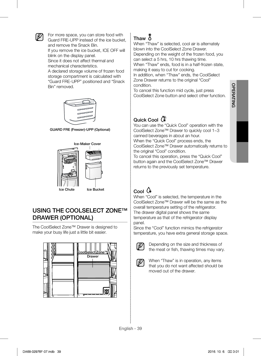 Samsung RH77H90507F/ML manual Using the Coolselect Zone Drawer Optional, Thaw, Quick Cool, Condition 