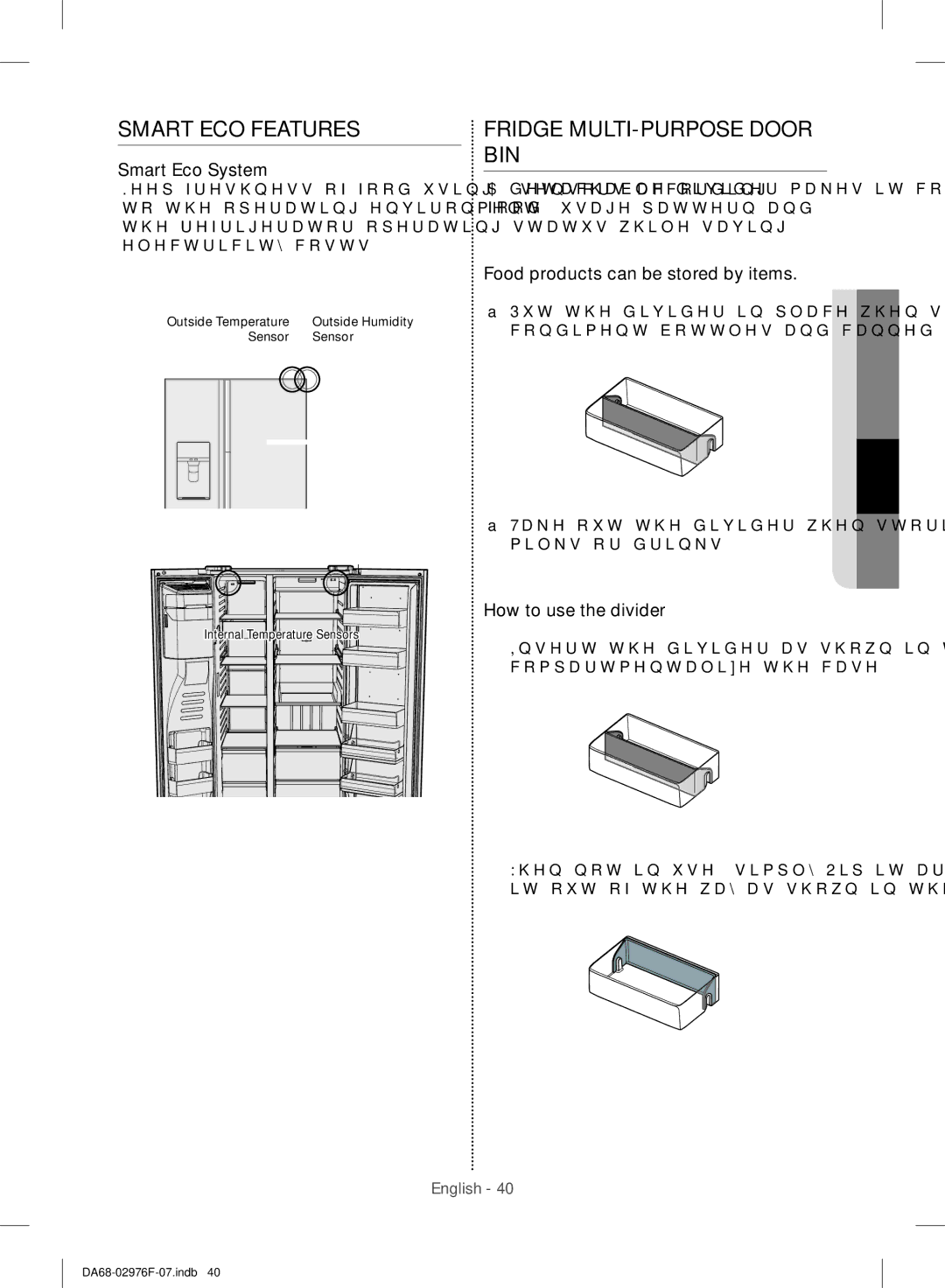 Samsung RH77H90507F/ML manual Smart ECO Features, Fridge MULTI-PURPOSE Door BIN, Smart Eco System, How to use the divider 