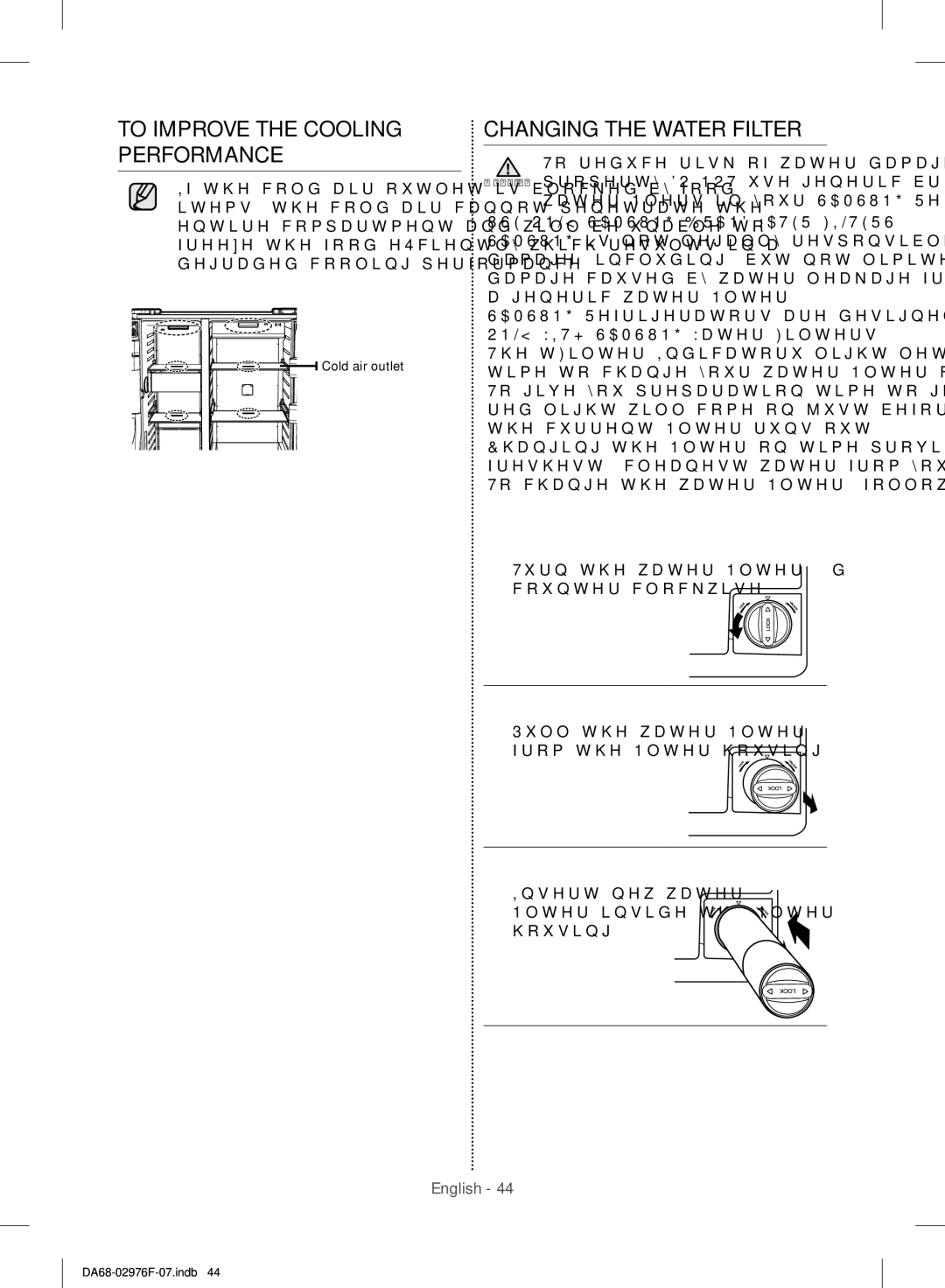 Samsung RH77H90507F/ML manual To Improve the Cooling Performance, Changing the Water Filter 