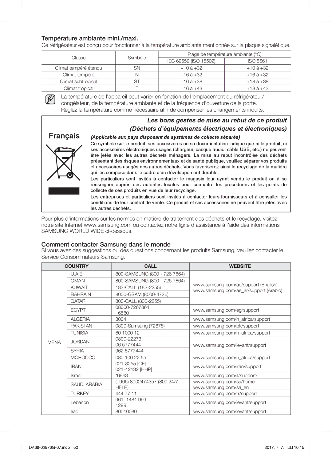 Samsung RH77H90507F/MR, RH77H90507F/ZA manual Température ambiante mini./maxi, Comment contacter Samsung dans le monde 