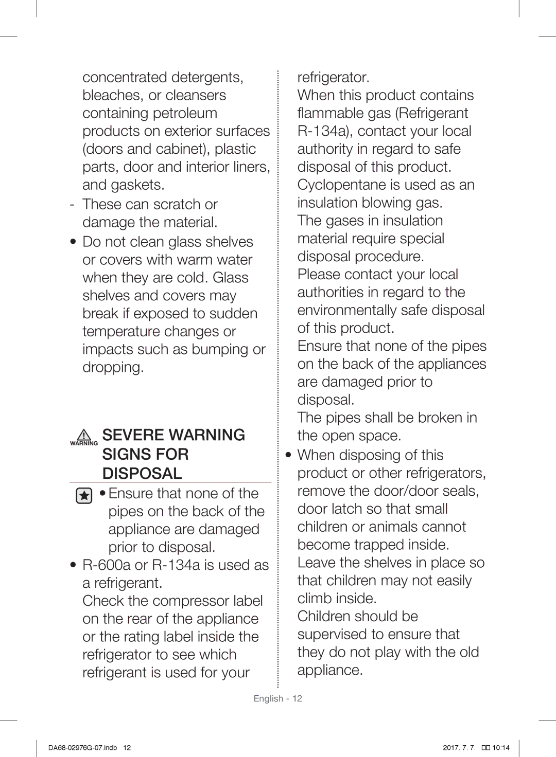 Samsung RH77H90507F/MR, RH77H90507F/ZA, RH77H90507F/LR, RH77H90507F/SG manual Severe Warning Warning Signs for Disposal 