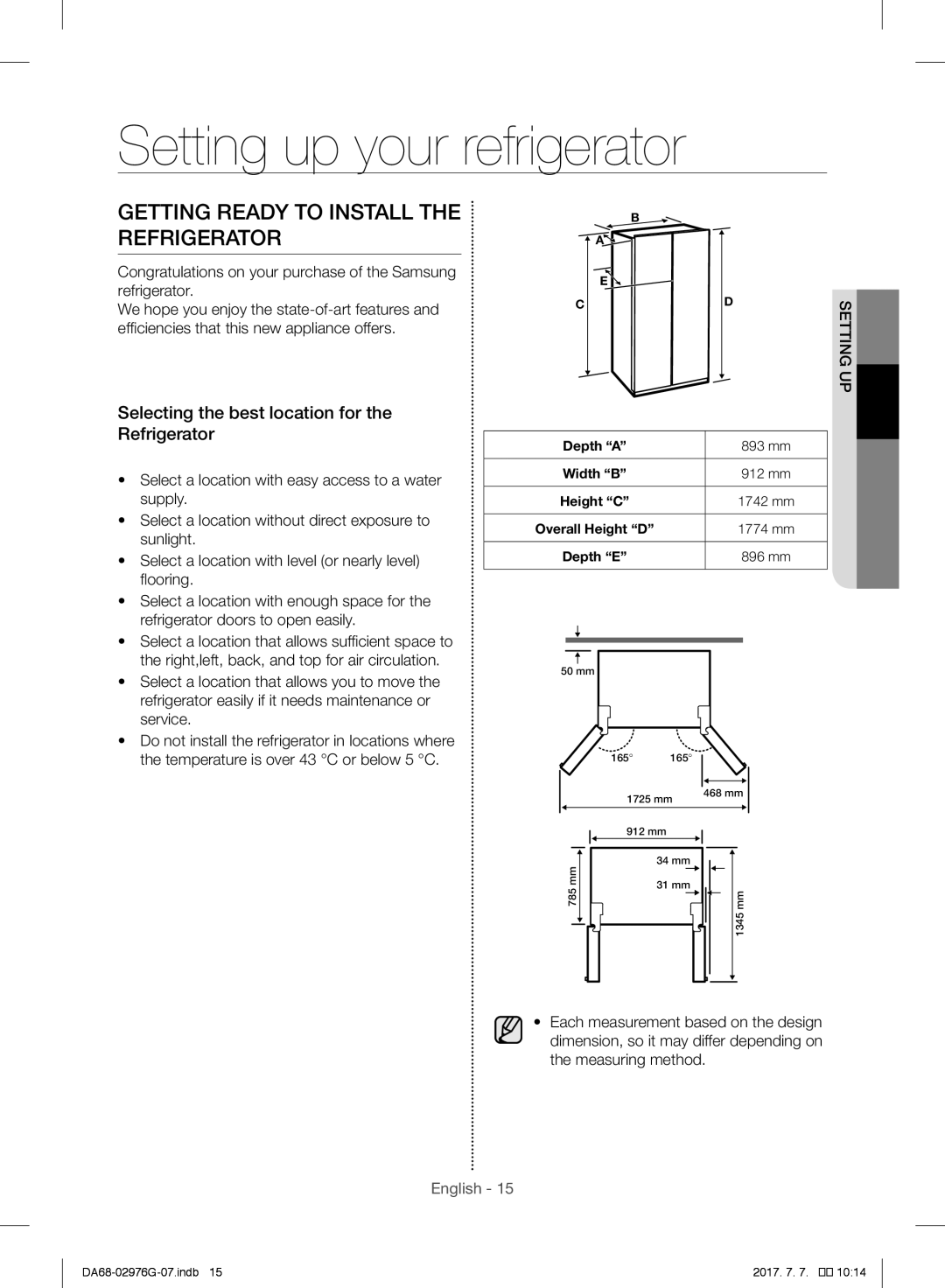 Samsung RH77H90507F/ZA, RH77H90507F/LR Setting up your refrigerator, Getting Ready to Install the Refrigerator, Up setting 