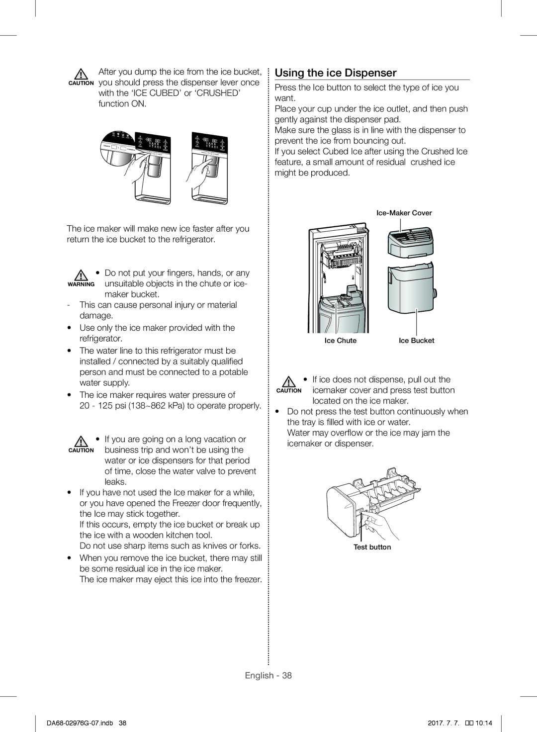 Samsung RH77H90507F/SG, RH77H90507F/ZA manual Using the ice Dispenser, With the ‘ICE CUBED’ or ‘CRUSHED’ function on 