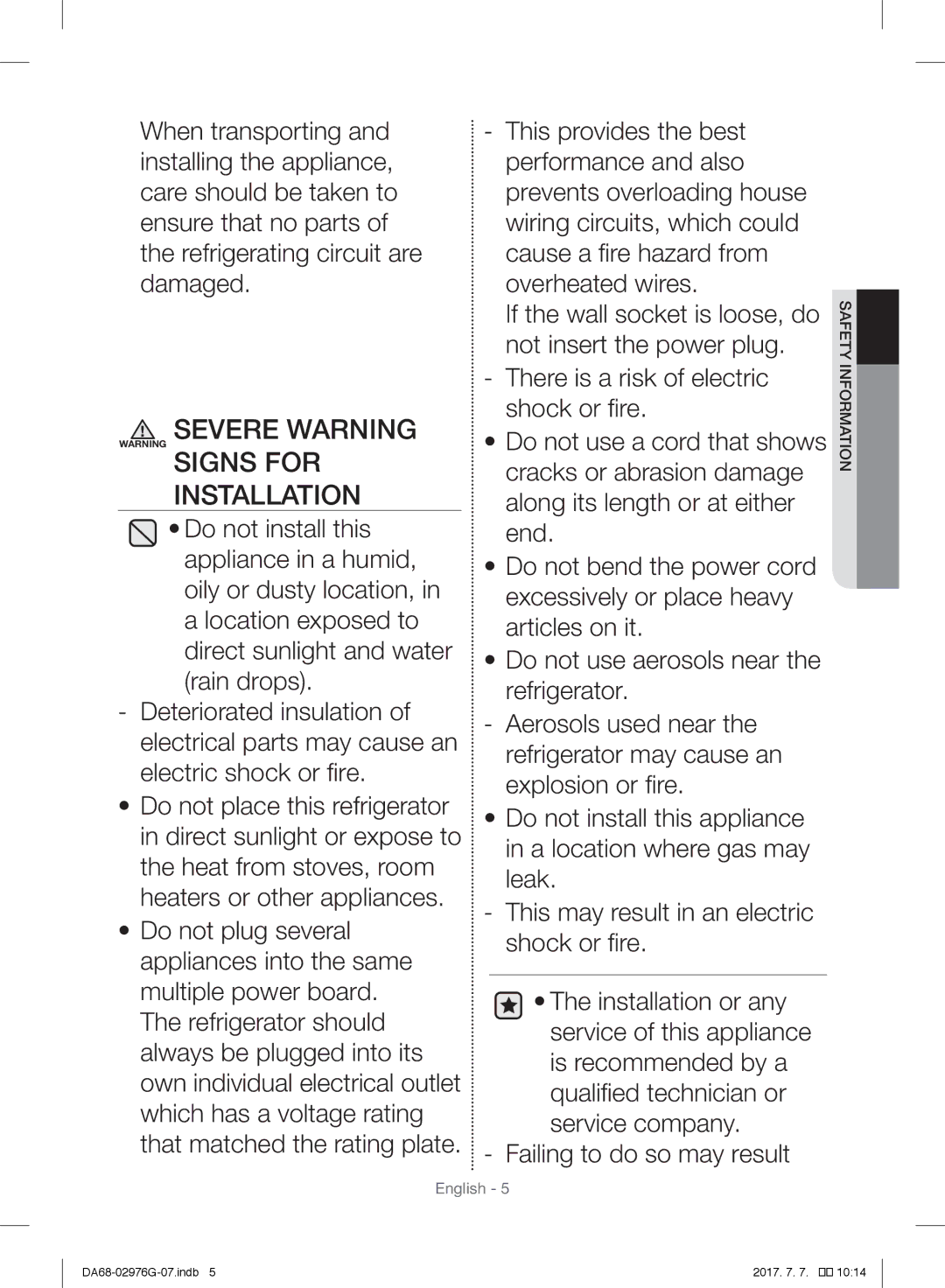 Samsung RH77H90507F/ZA, RH77H90507F/LR, RH77H90507F/MR Severe Warning Warning Signs for Installation, Informationsafety 