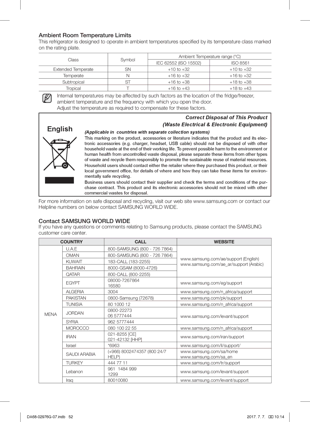 Samsung RH77H90507F/MR, RH77H90507F/ZA, RH77H90507F/LR English, Ambient Room Temperature Limits, Contact Samsung World Wide 