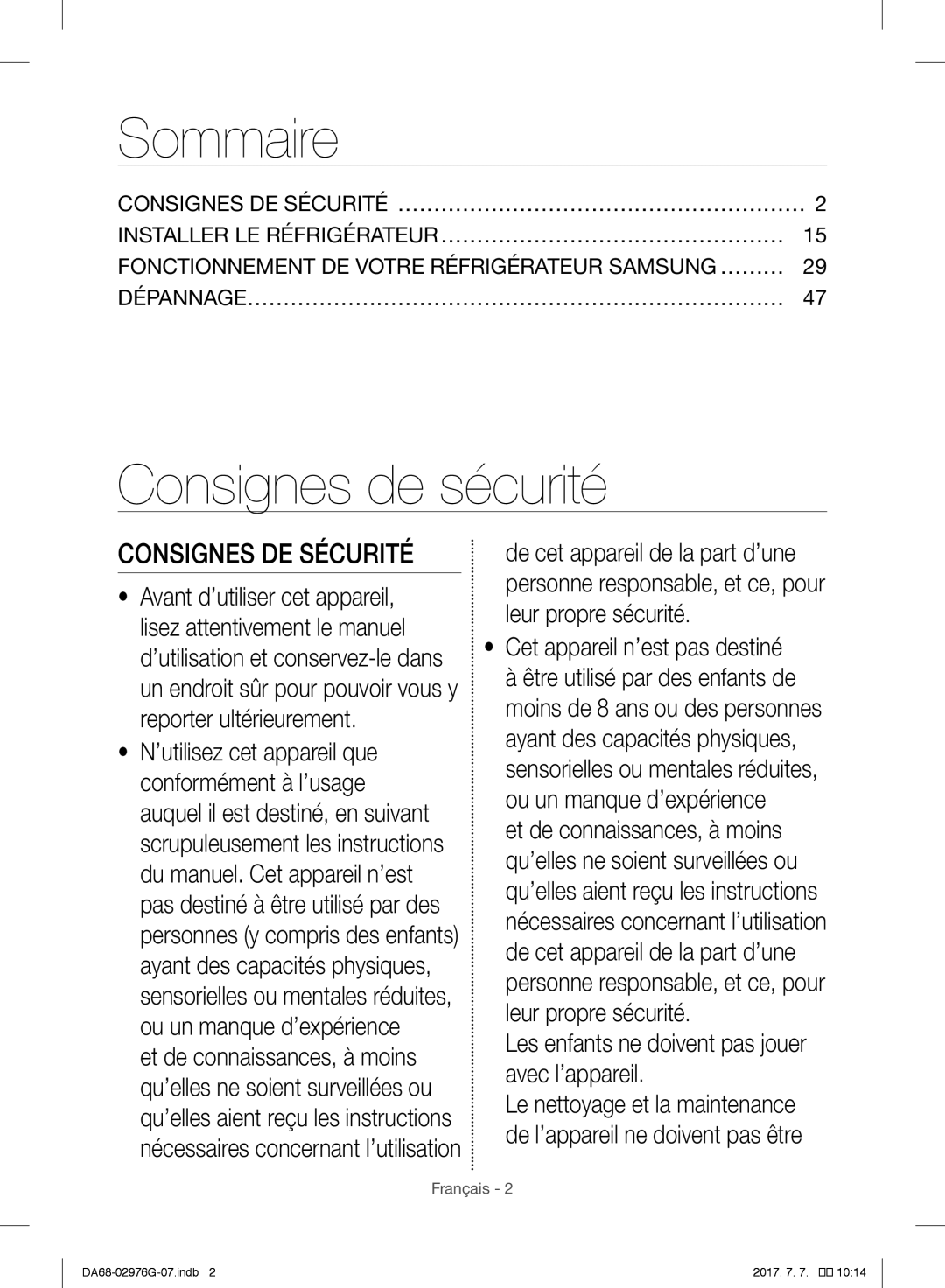 Samsung RH77H90507F/AE, RH77H90507F/ZA Sommaire, Consignes de sécurité, Les enfants ne doivent pas jouer avec l’appareil 