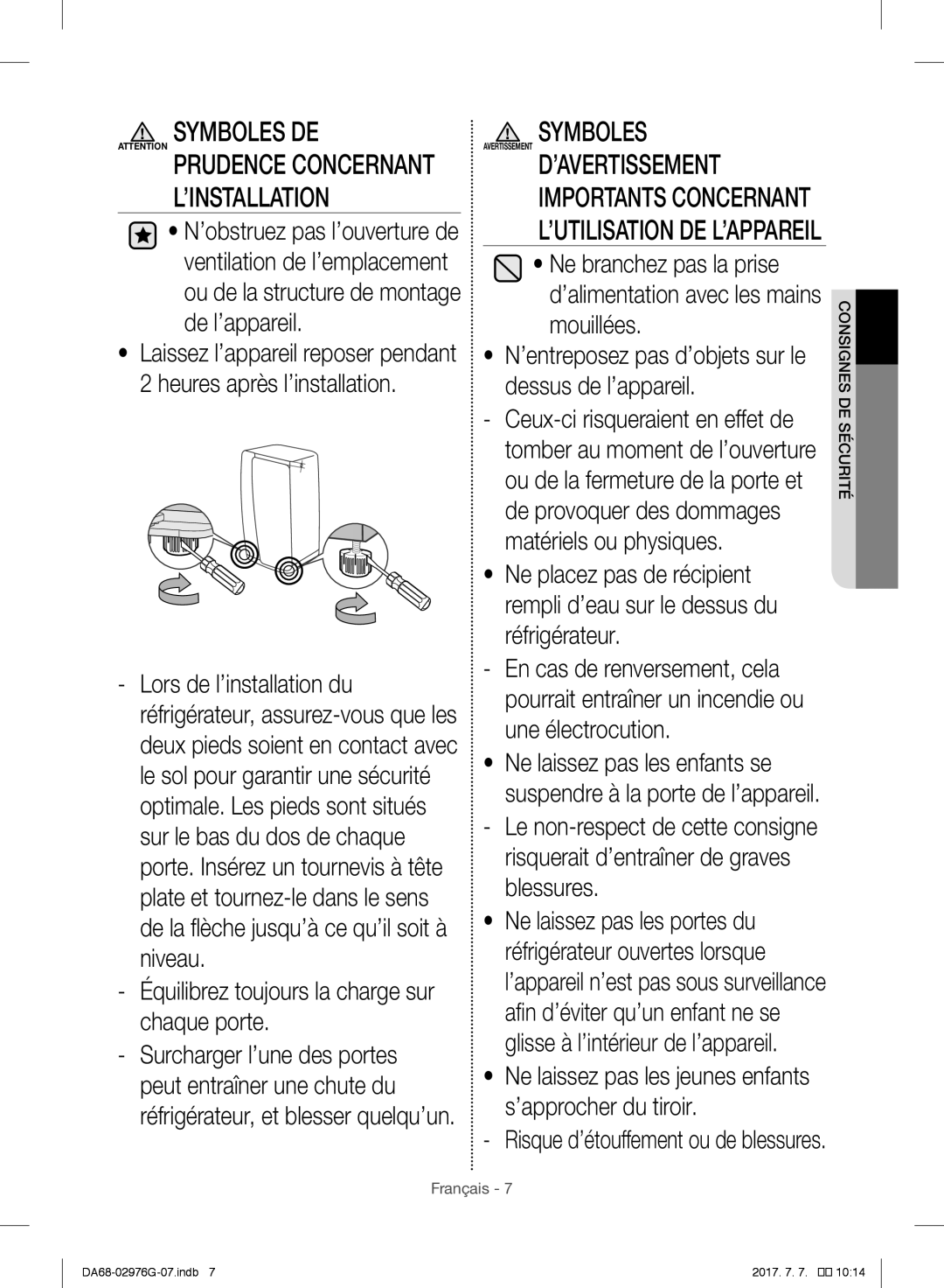 Samsung RH77H90507F/AE, RH77H90507F/ZA, RH77H90507F/LR manual Symboles DE, Équilibrez toujours la charge sur chaque porte 