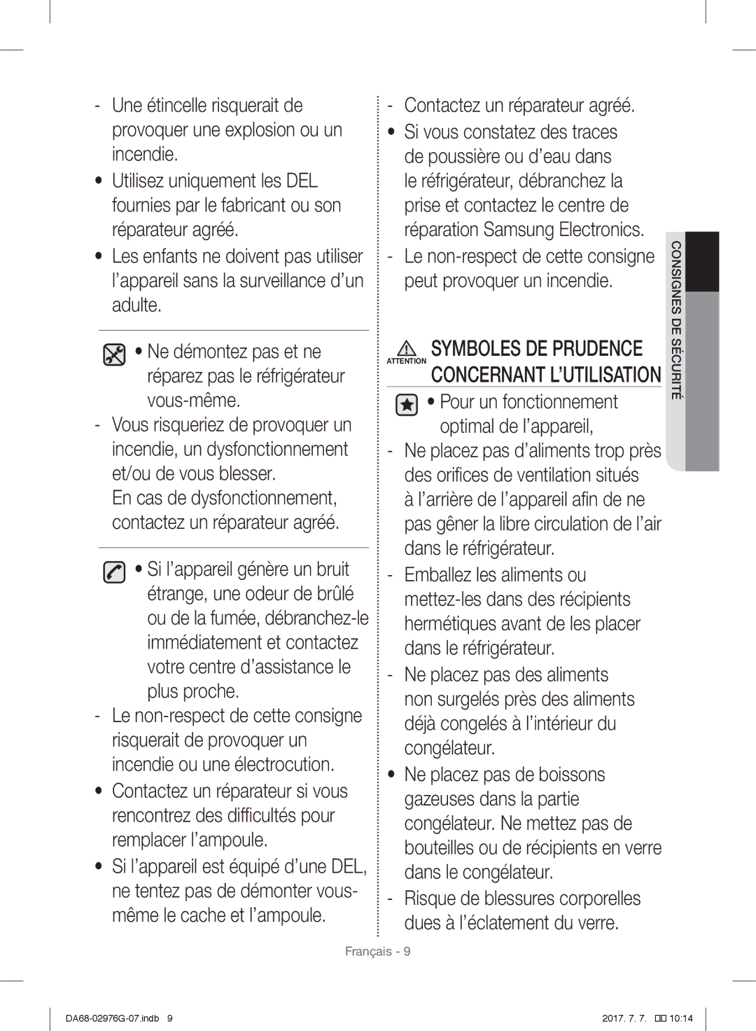 Samsung RH77H90507F/LR manual Contactez un réparateur agréé, Symboles DE Prudence Attention Concernant L’UTILISATION 