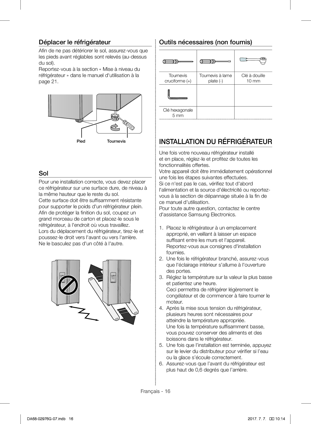 Samsung RH77H90507F/SG, RH77H90507F/ZA, RH77H90507F/LR manual Installation DU Réfrigérateur, Déplacer le réfrigérateur 