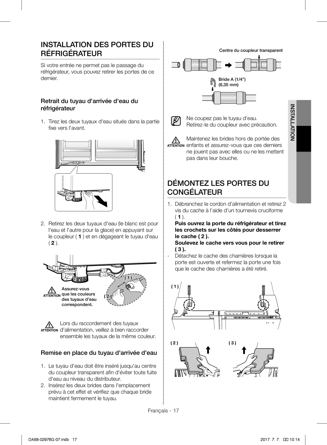 Samsung RH77H90507F/AE, RH77H90507F/ZA manual Installation DES Portes DU Réfrigérateur, Démontez LES Portes DU Congélateur 