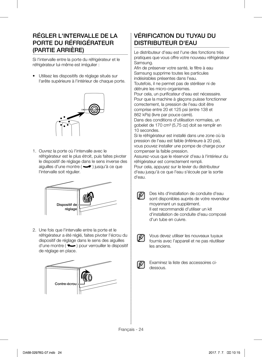 Samsung RH77H90507F/LR, RH77H90507F/ZA, RH77H90507F/MR, RH77H90507F/SG manual Vérification DU Tuyau DU Distributeur Deau 