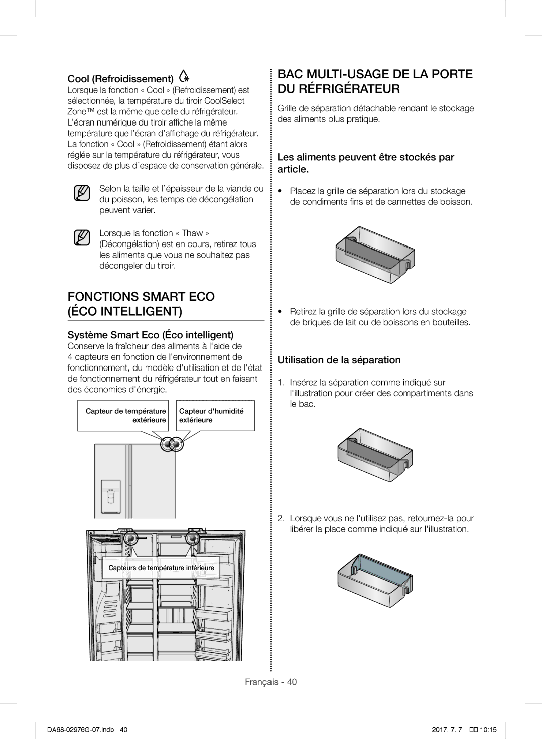 Samsung RH77H90507F/MR, RH77H90507F/ZA Fonctions Smart ECO ÉCO Intelligent, BAC MULTI-USAGE DE LA Porte DU Réfrigérateur 