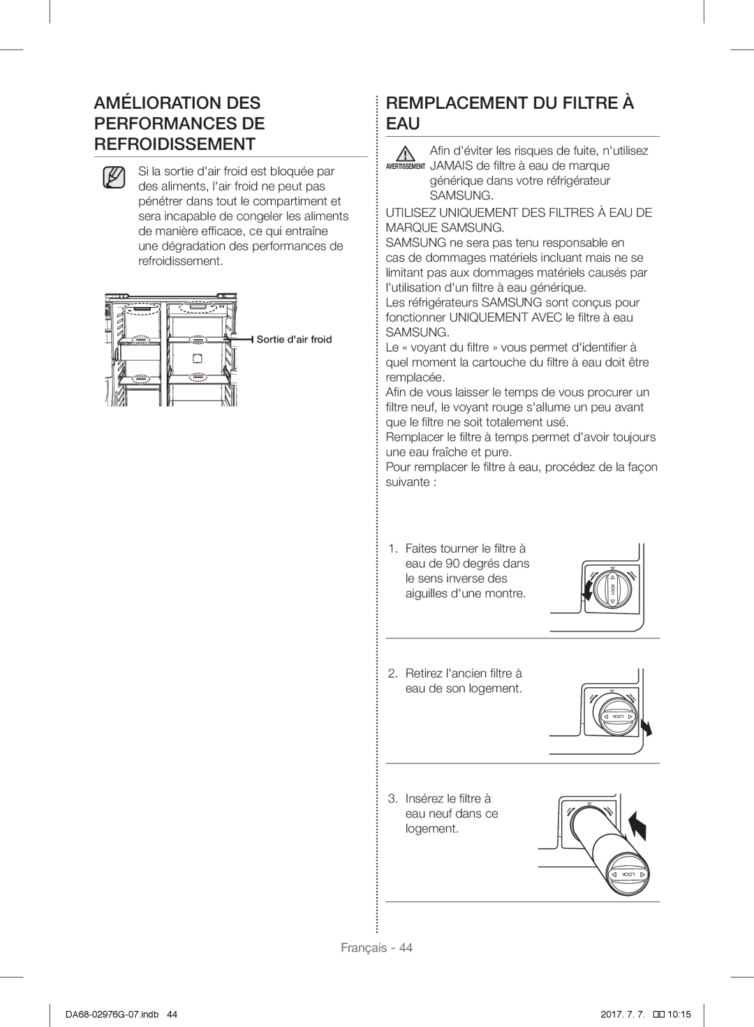 Samsung RH77H90507F/LR, RH77H90507F/ZA manual Amélioration DES Performances DE Refroidissement, Remplacement DU Filtre À EAU 