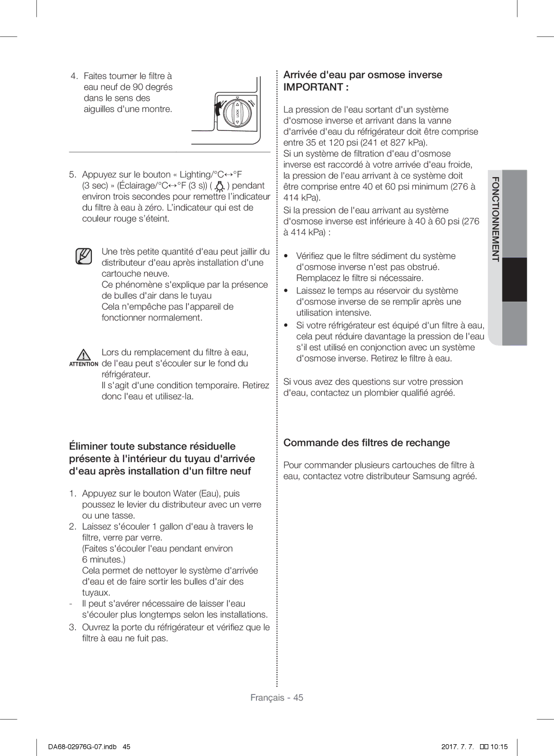 Samsung RH77H90507F/MR, RH77H90507F/ZA manual Arrivée deau par osmose inverse, Commande des filtres de rechange, Tuyaux 