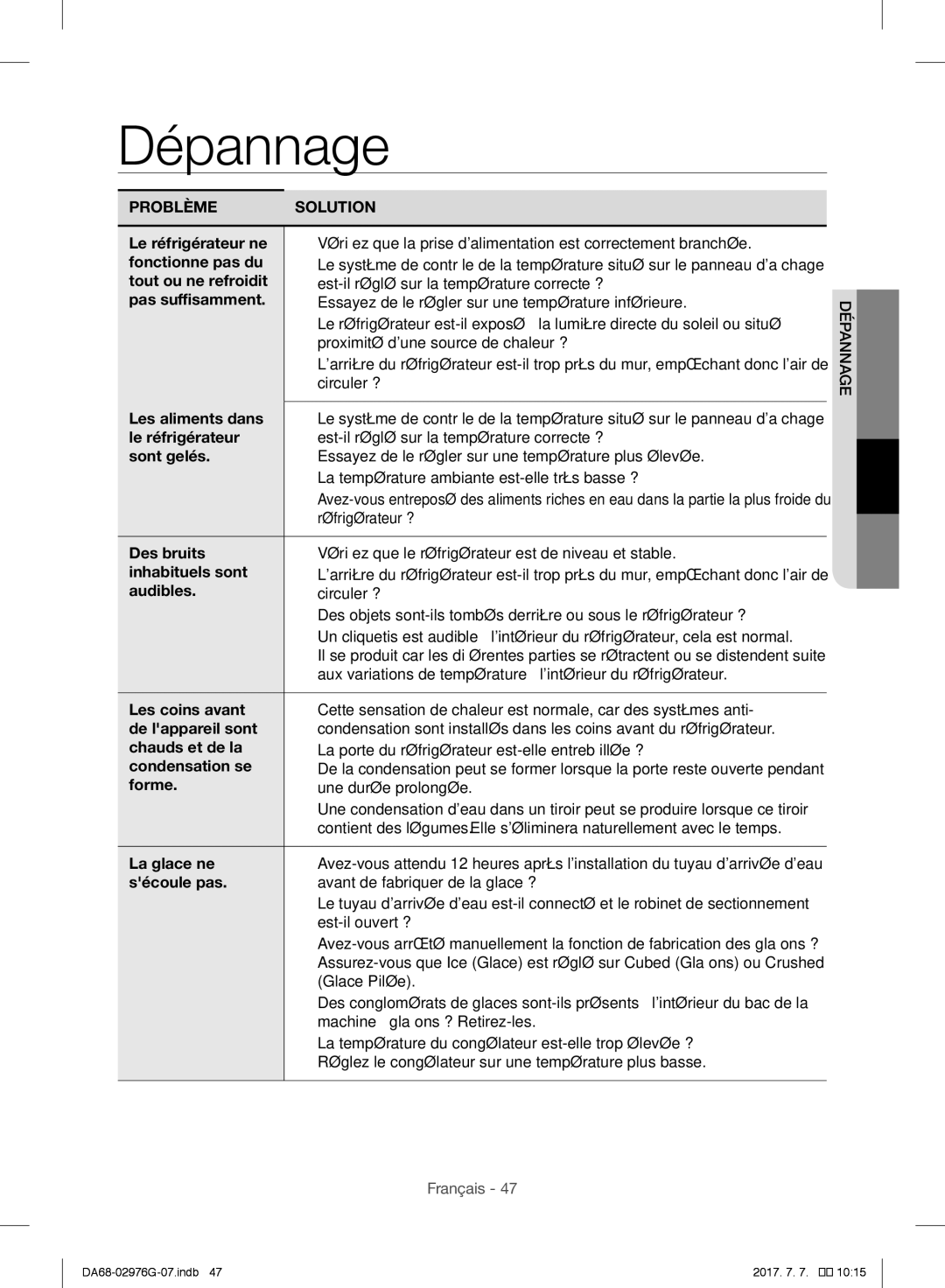 Samsung RH77H90507F/AE, RH77H90507F/ZA, RH77H90507F/LR, RH77H90507F/MR, RH77H90507F/SG manual Dépannage 