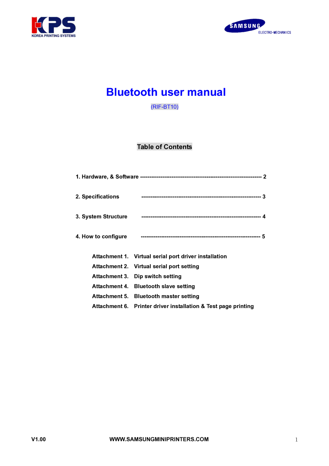 Samsung RIF-BT10 user manual Table of Contents 