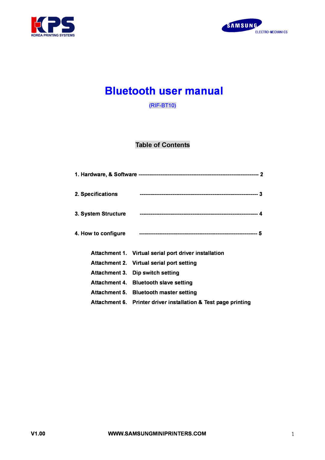 Samsung RIF-BT10 user manual Bluetooth user manual, Table of Contents 